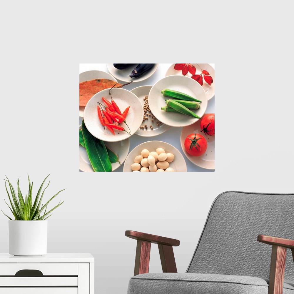 A modern room featuring Vegetables Nuts and Leaves on Plate