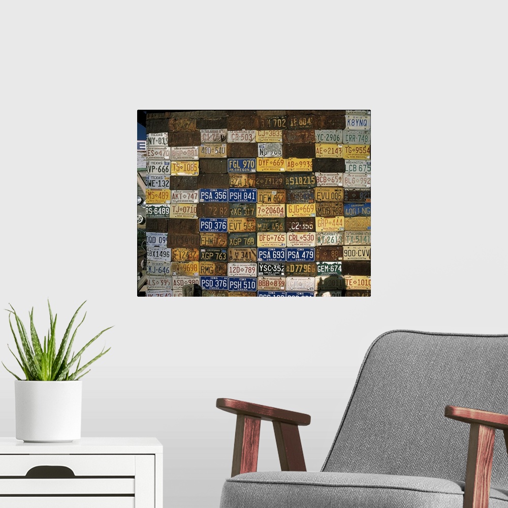 A modern room featuring Wall of Old License Platess