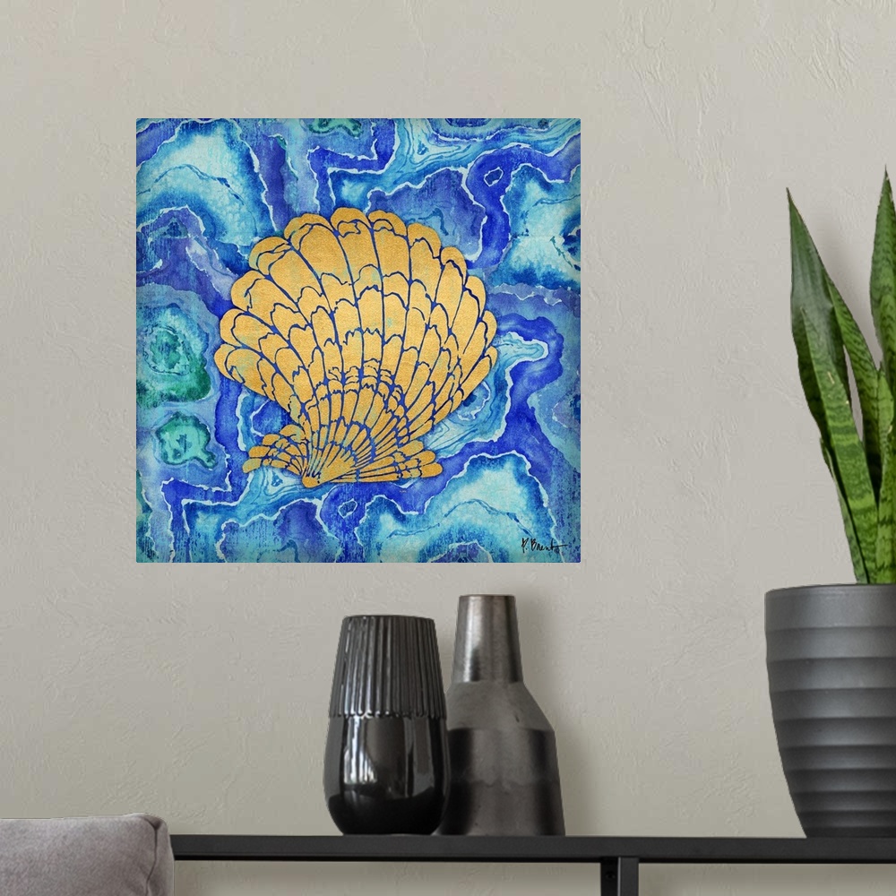 A modern room featuring Square decor with a metallic gold seashell on a blue, green, and purple agate patterned background.