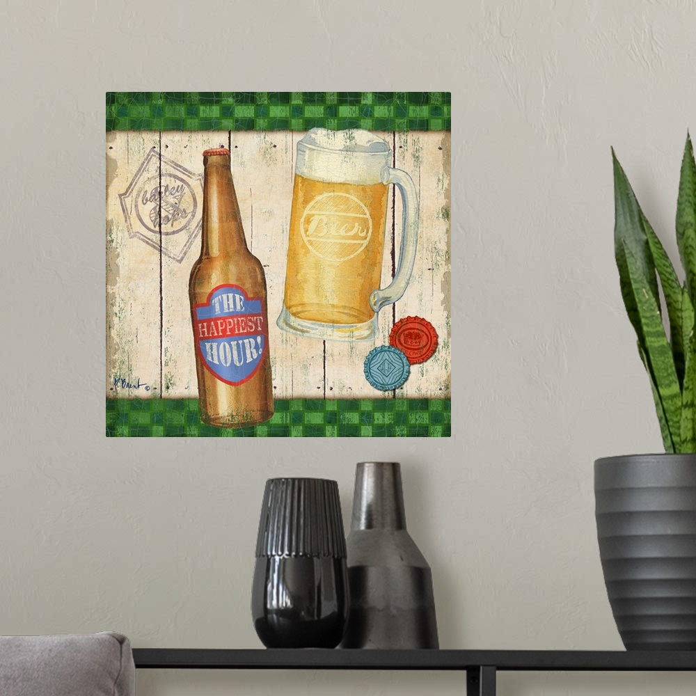 A modern room featuring Decorative artwork featuring a pint and a bottle of beer with bottlecaps.