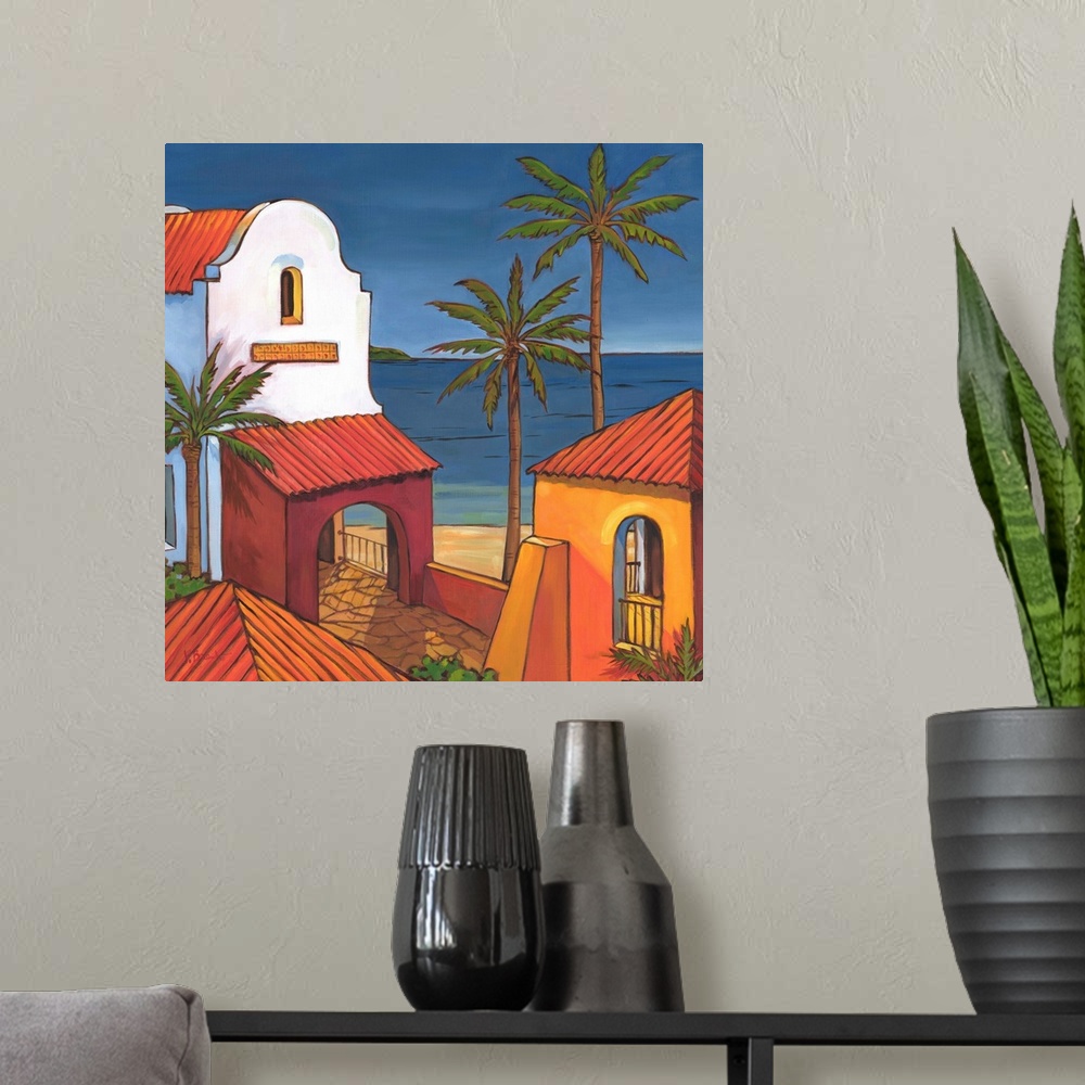 A modern room featuring Painting of adobe buildings and palm trees in Antigua, looking out to the sea.