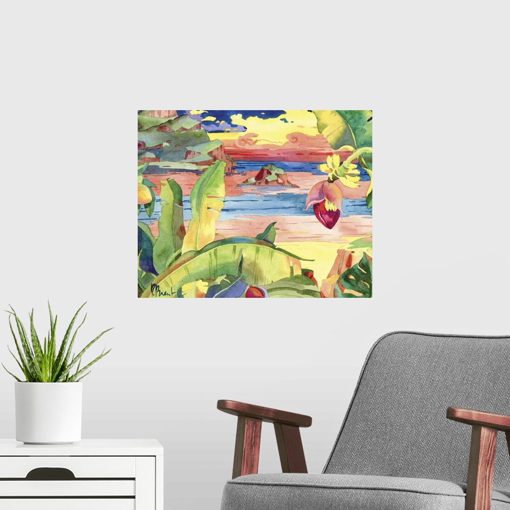 A modern room featuring Contemporary painting of a tropical tree near a sandy beach.