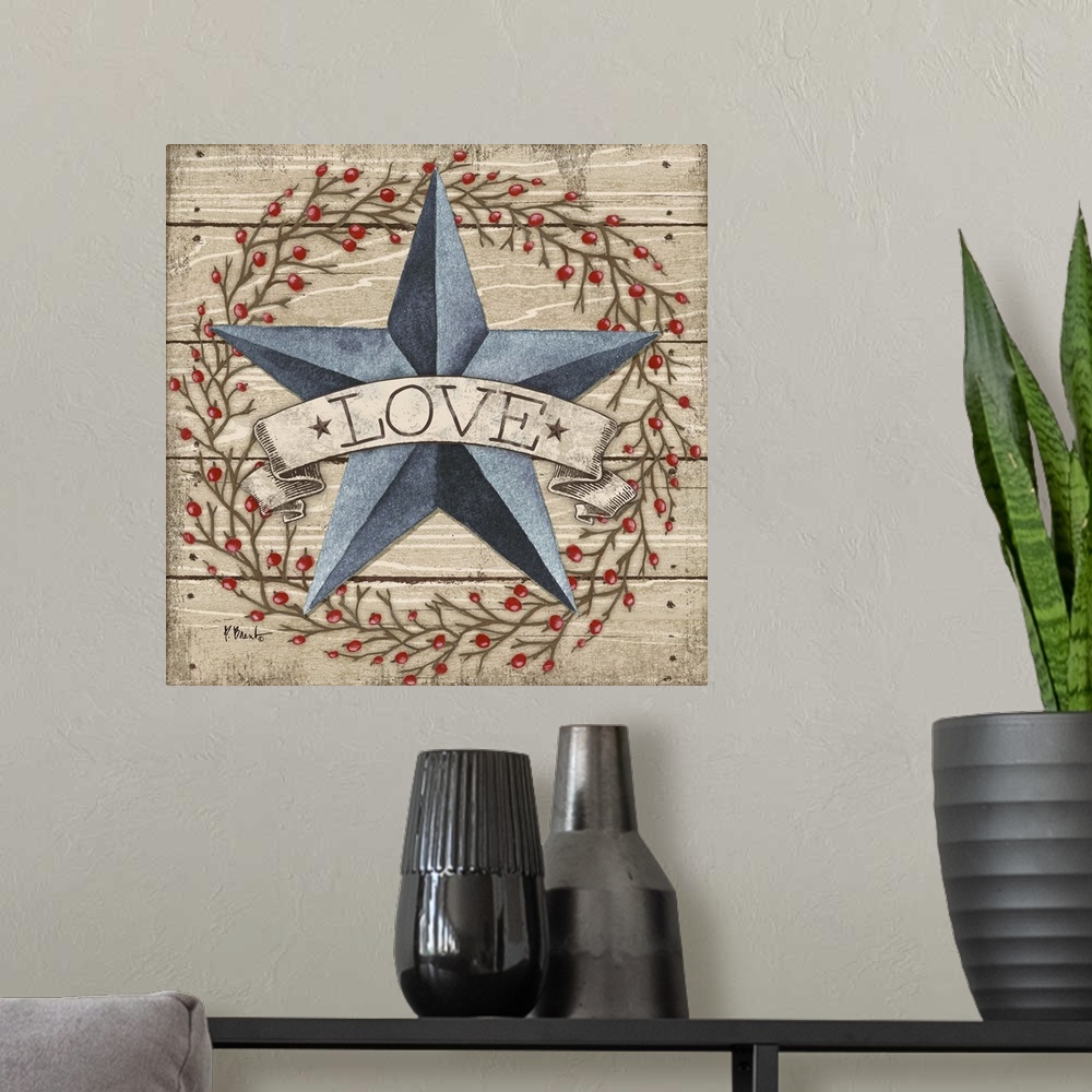 A modern room featuring Folk art style painting of a star with a banner that says Love on wood panels with a berry wreath.