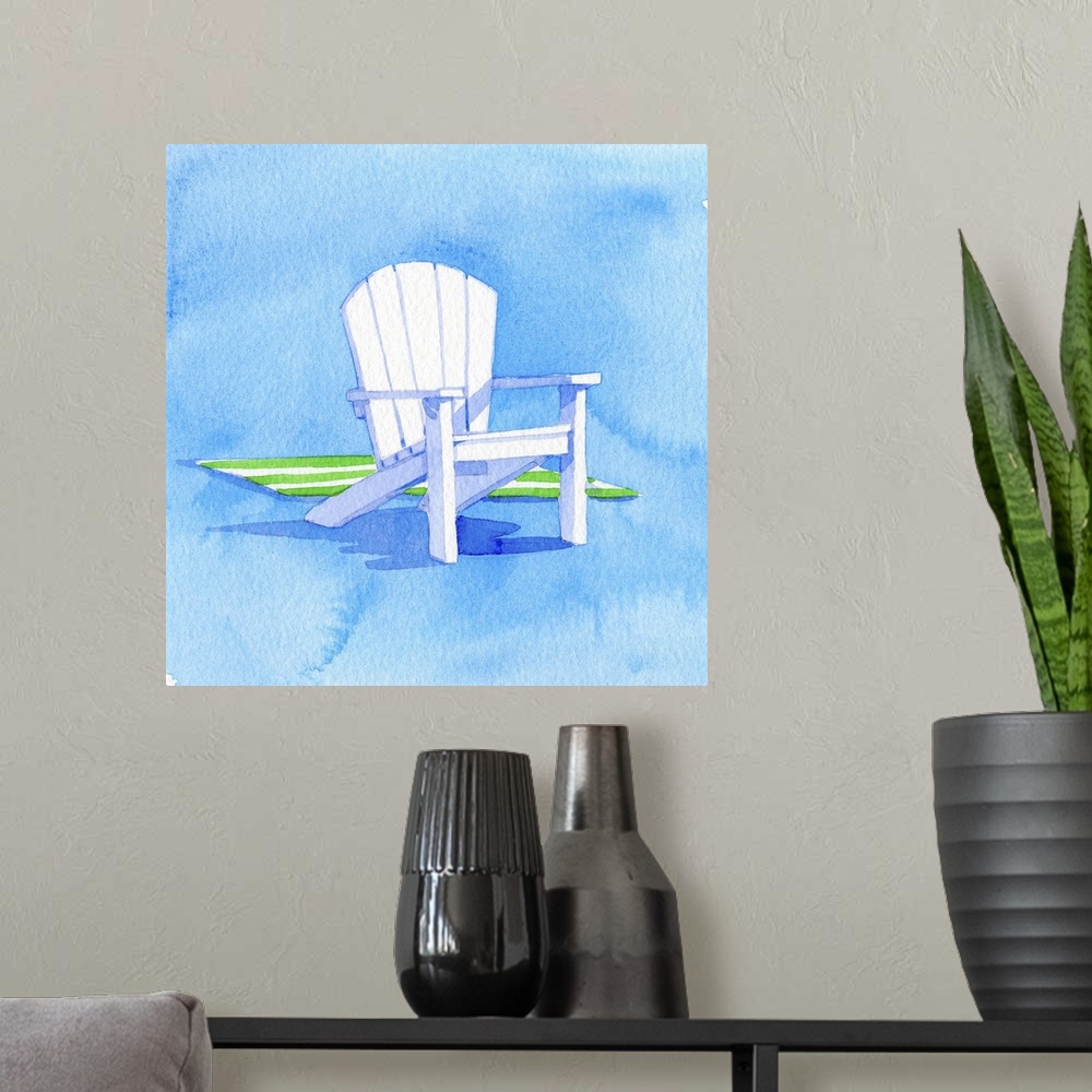 A modern room featuring Watercolor painting from a series of adirondack chairs with a beach towel.