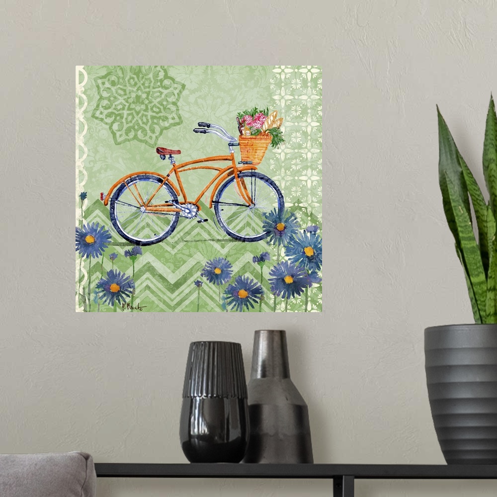 A modern room featuring Decorative panel of a vintage bicycle with a basket of flowers on a textured background and flowe...