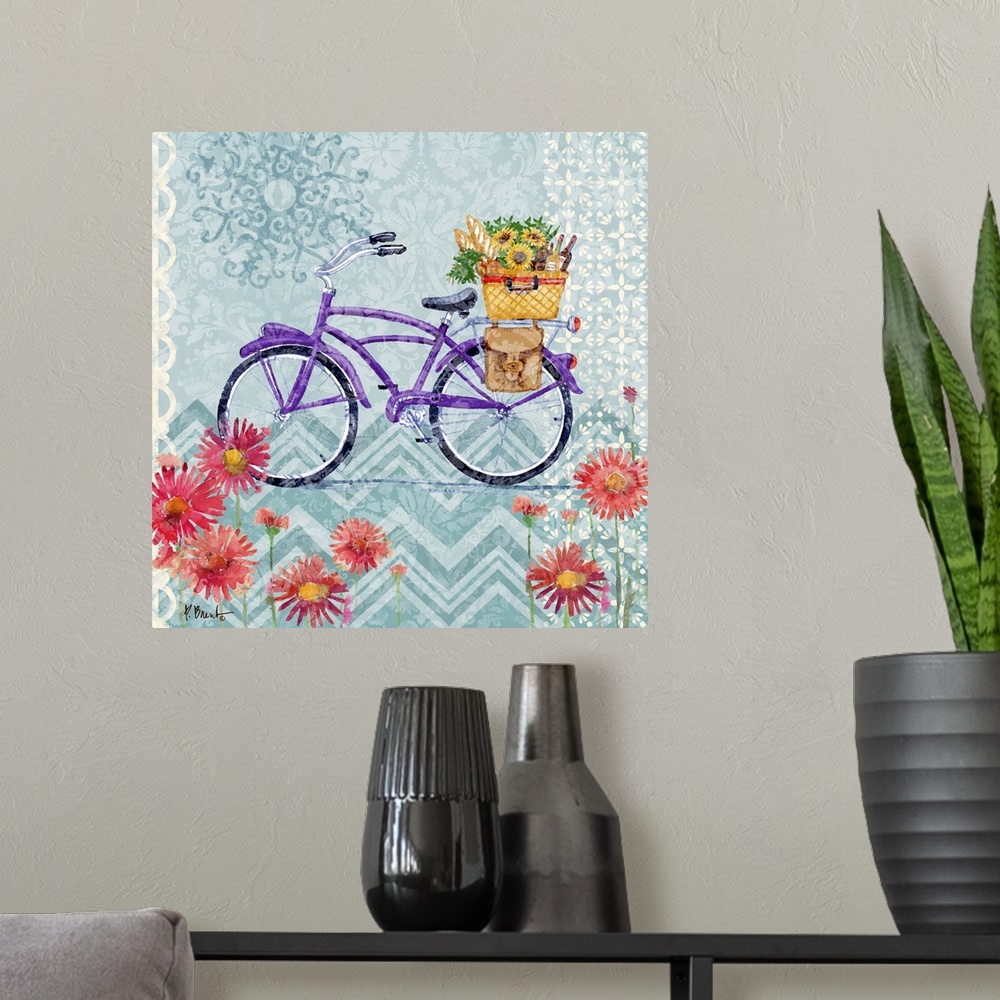 A modern room featuring Decorative panel of a vintage bicycle with a basket of flowers on a textured background and flowe...