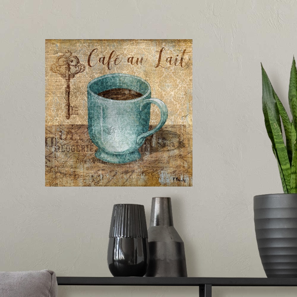 A modern room featuring Decorative artwork of a blue mug of coffee with the words "Cafe au Lait."