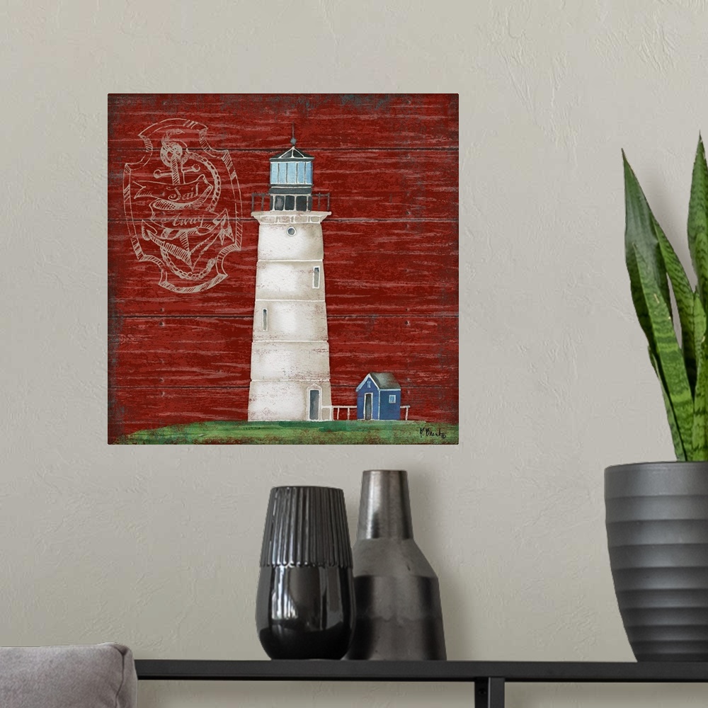 A modern room featuring Painting of a white lighthouse on a red wooden background.