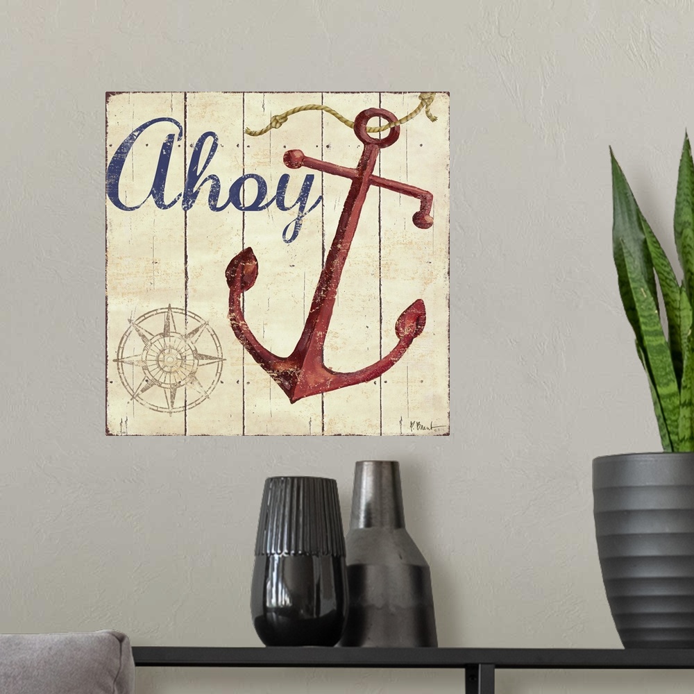 A modern room featuring Painted nautical sign on wood panels with a compass rose, an anchor, and the word Ahoy.