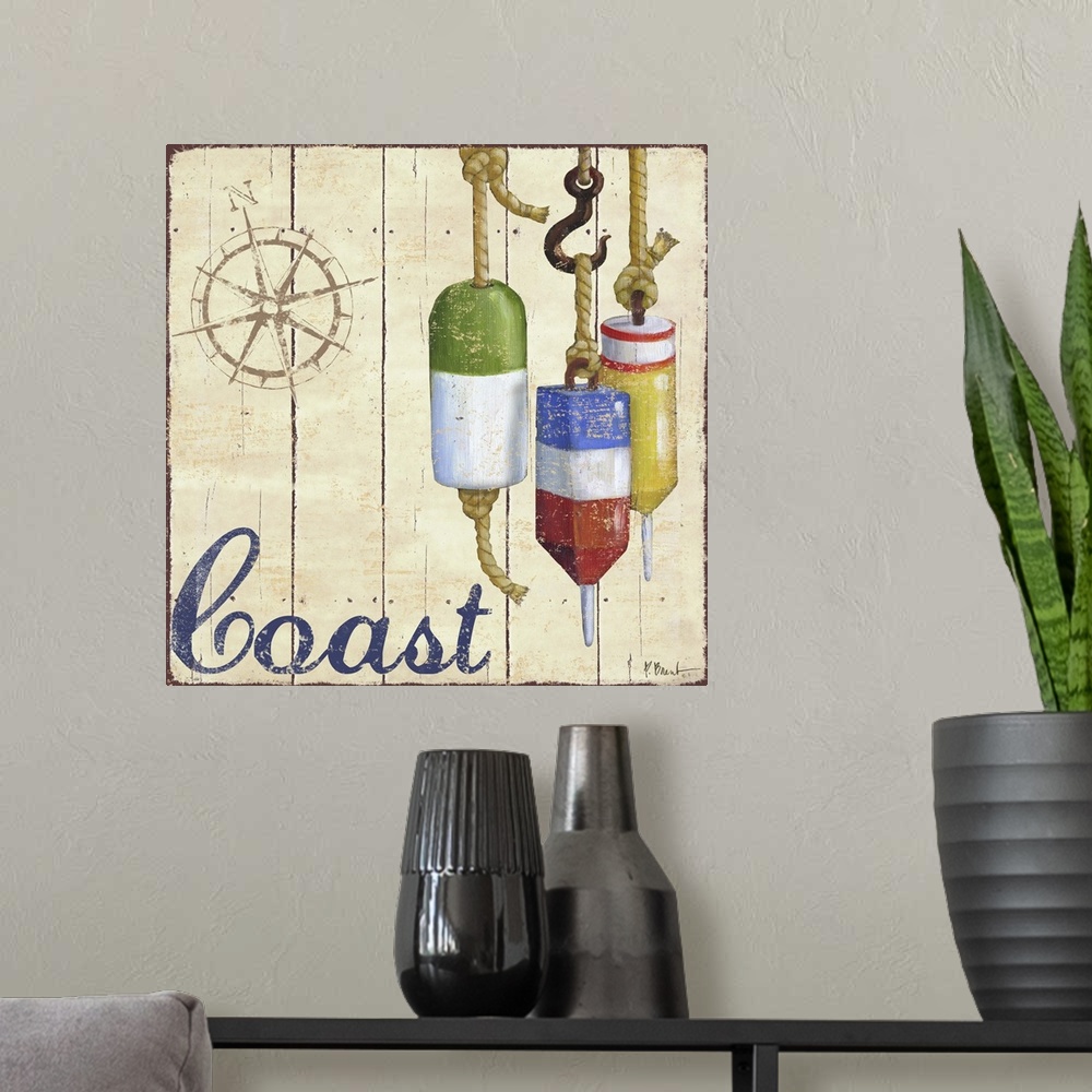 A modern room featuring Painted nautical sign on wood panels with a compass rose, buoys, and the word Coast.