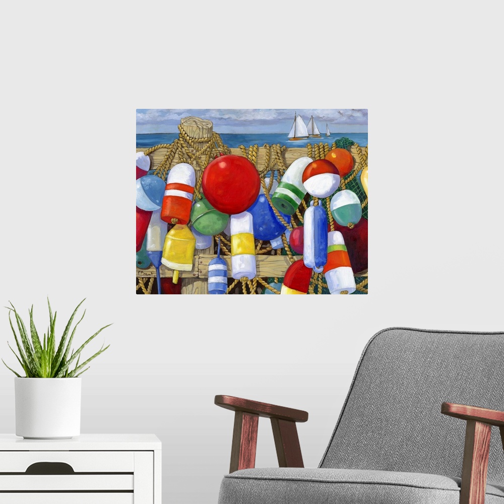 A modern room featuring Contemporary painting of a group of buoys and rope hanging on a pier.