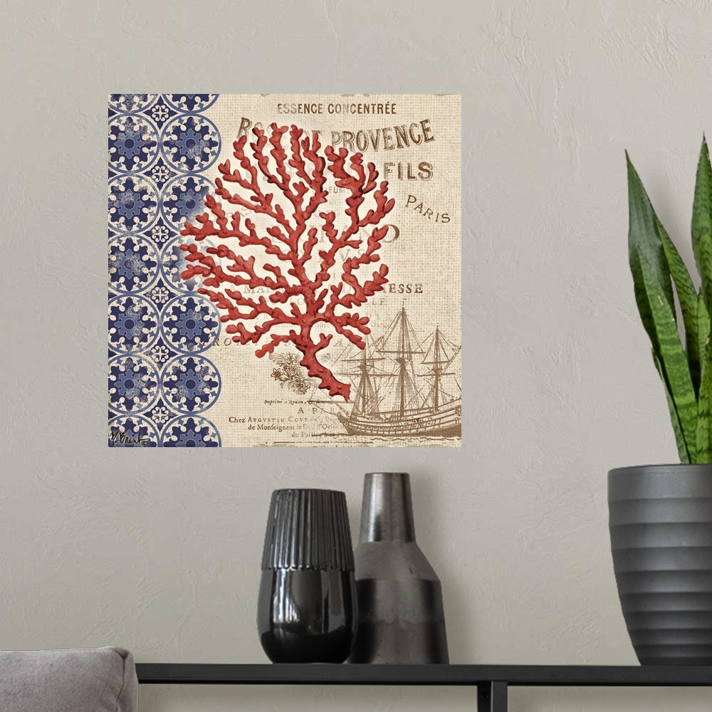 A modern room featuring Decorative mixed media panel featuring a coral silhouette, a vintage letter, and a floral pattern.