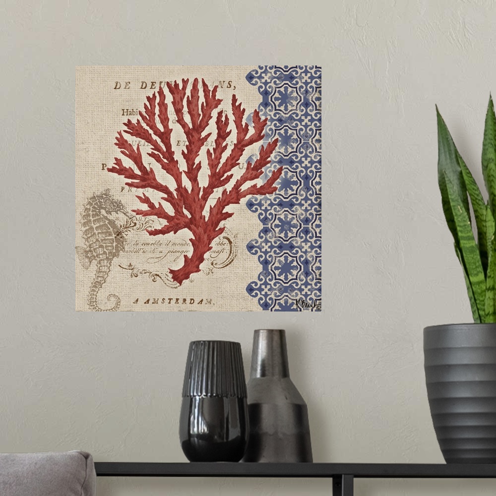 A modern room featuring Decorative mixed media panel featuring a coral silhouette, a vintage letter, and a floral pattern.