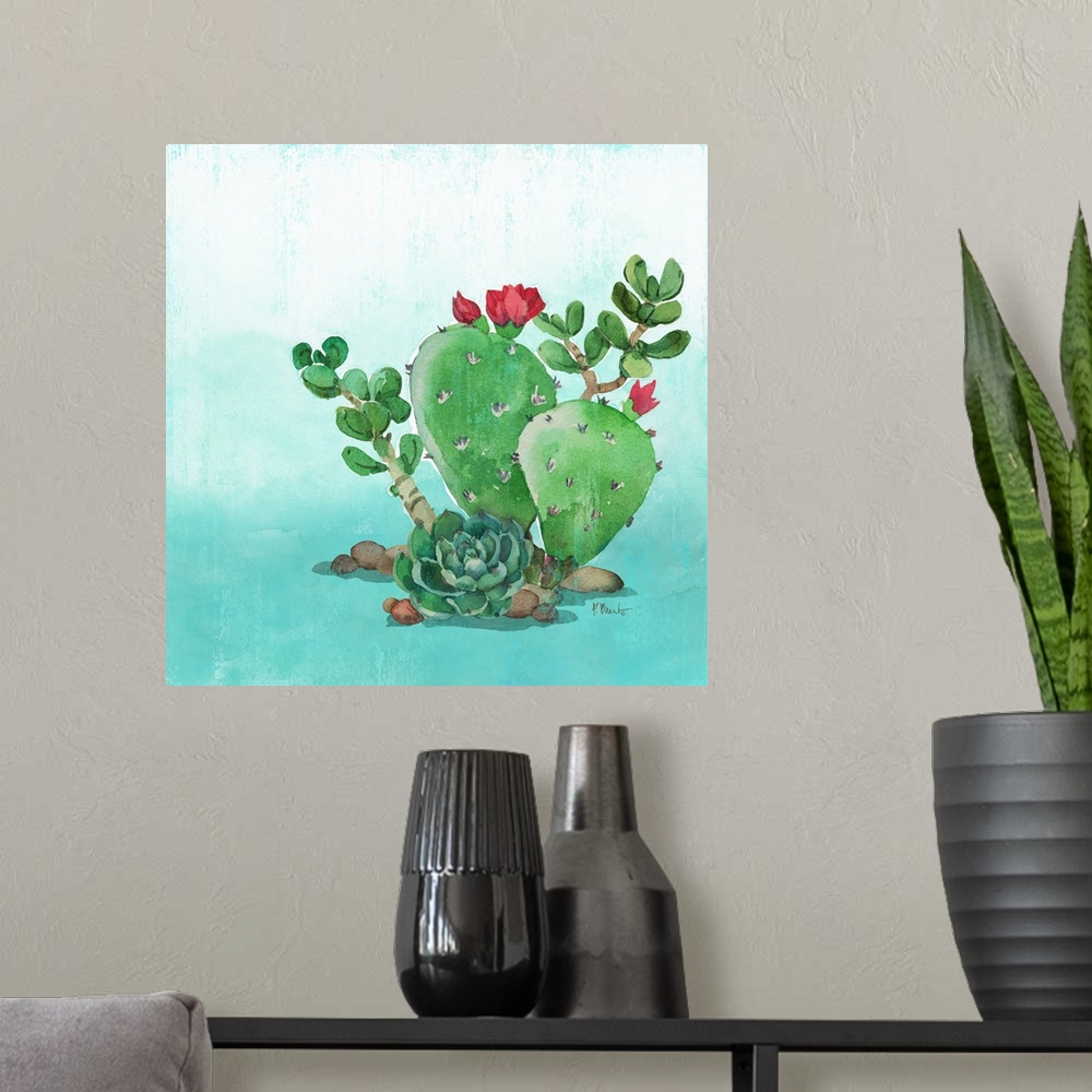 A modern room featuring Square watercolor painting of cacti and a succulent on a light blue and white background.
