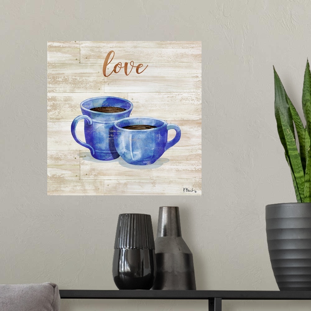 A modern room featuring Square decor with two mugs of coffee on a faux wood background with "love" written at the top.