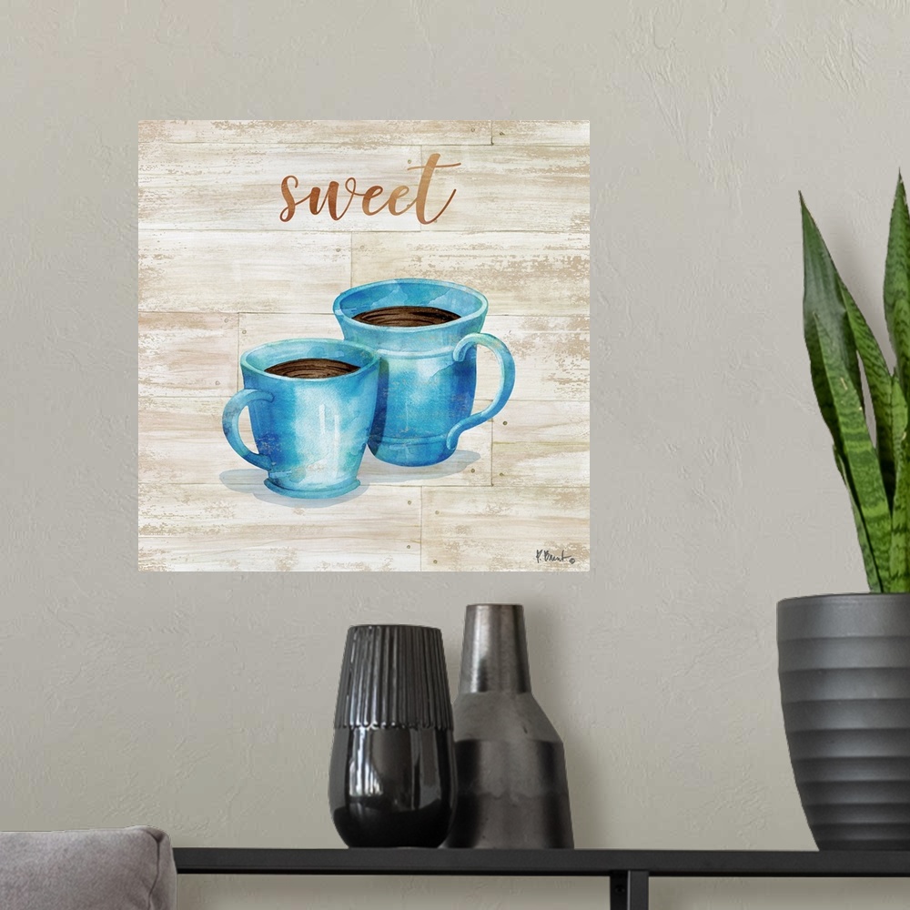 A modern room featuring Square decor with two mugs of coffee on a faux wood background with "sweet" written at the top.
