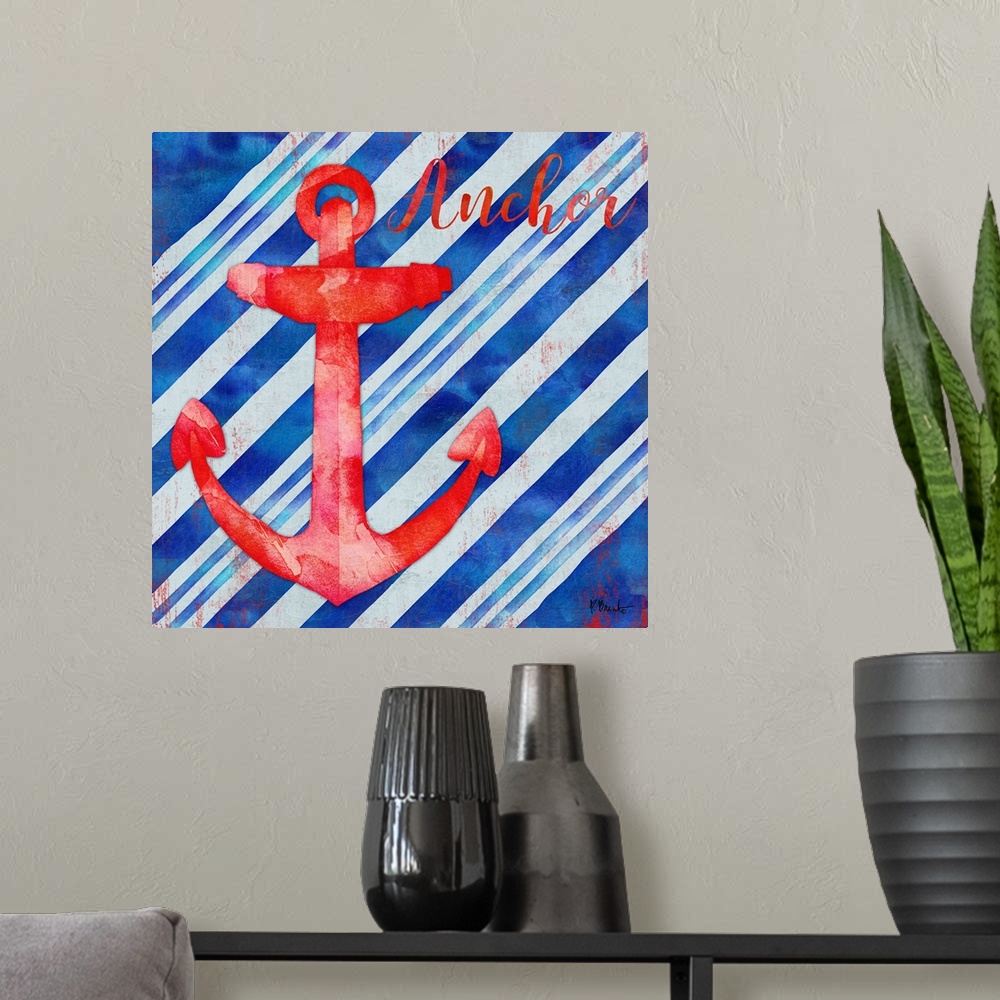 A modern room featuring Square nautical decor in red, white, and blue with an illustrated anchor in the center and "Ancho...