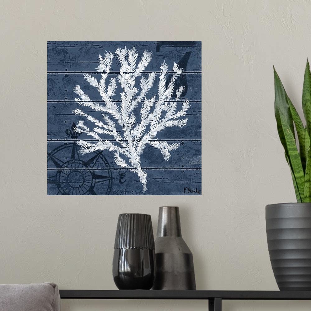 A modern room featuring Contemporary decorative artwork of a coral illustration on a dark, nautical background.