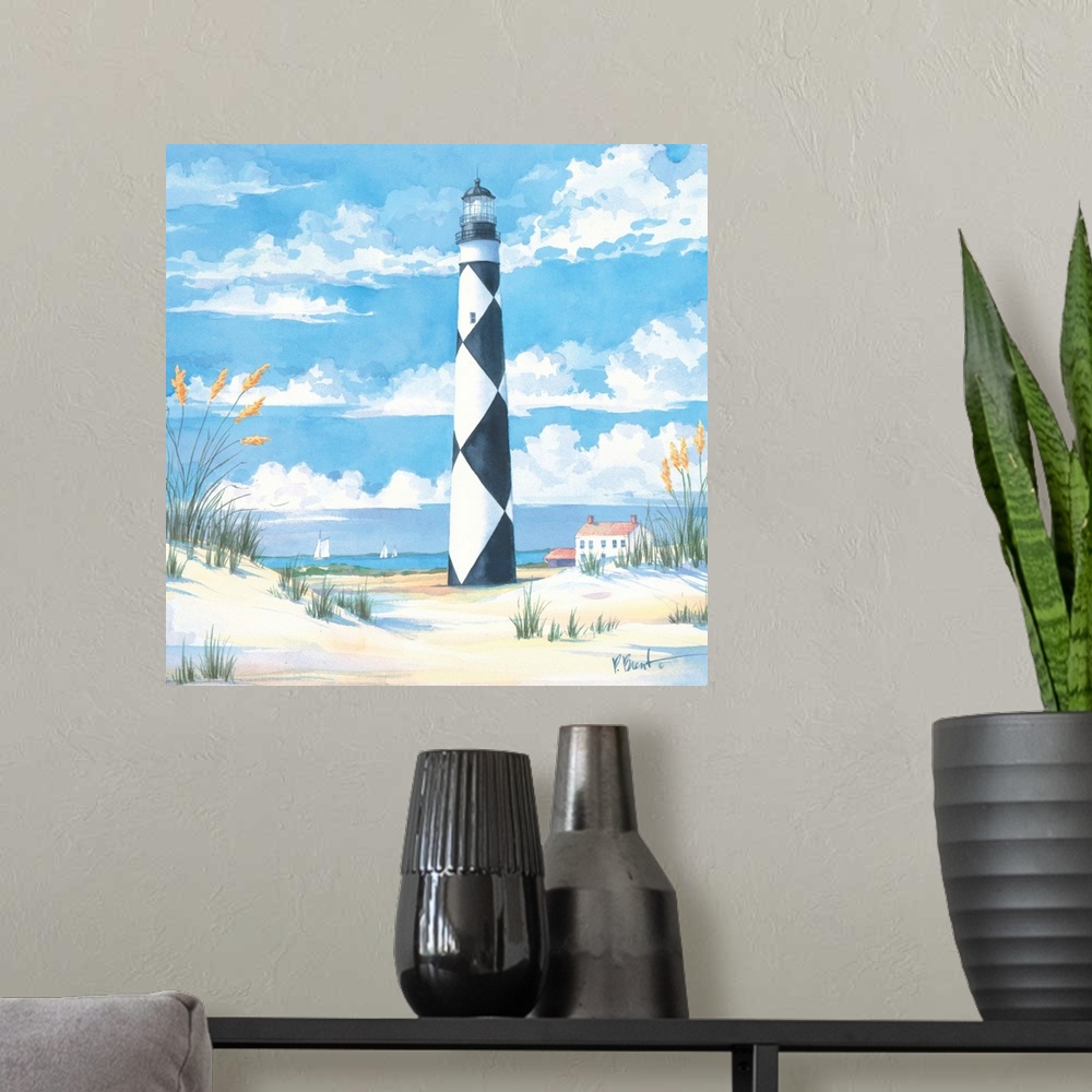 A modern room featuring Watercolor painting of a lighthouse painted with a diamond pattern on a sandy beach.