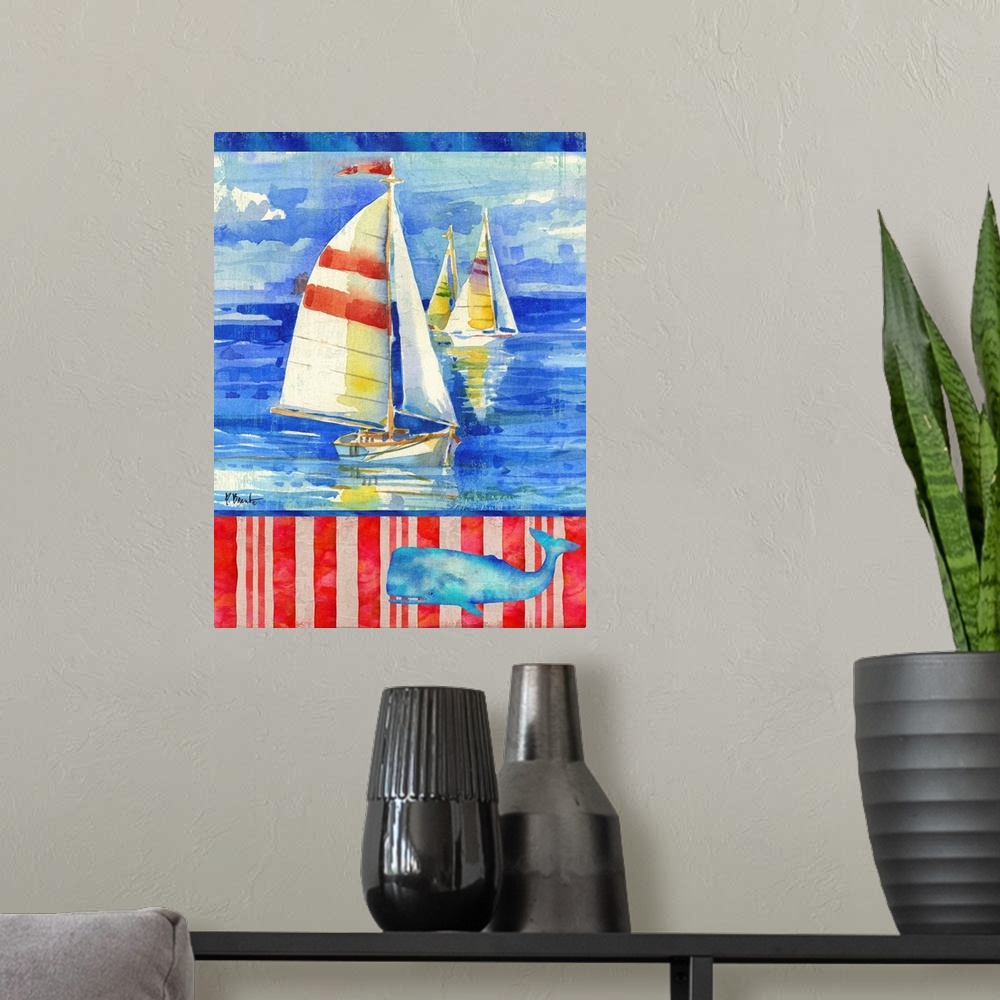 A modern room featuring Watercolor painting of sailboats in the ocean with a striped bottom and an illustration of a wale...