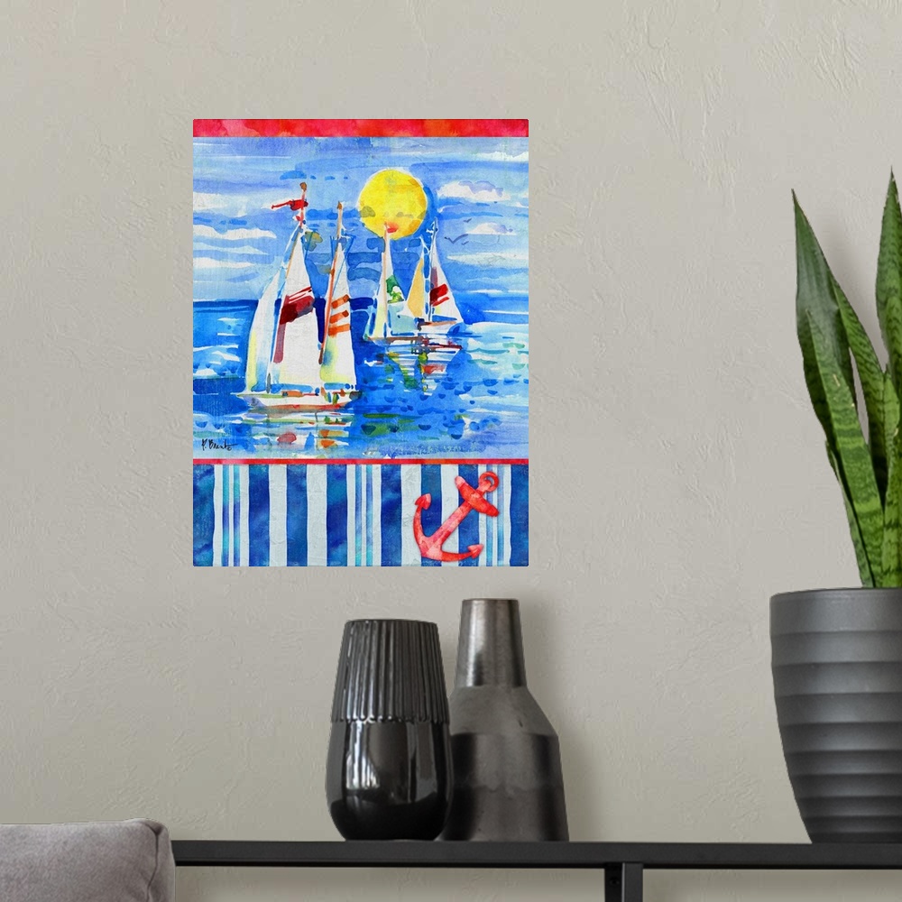 A modern room featuring Watercolor painting of sailboats in the ocean with a striped bottom and an illustration of an anc...