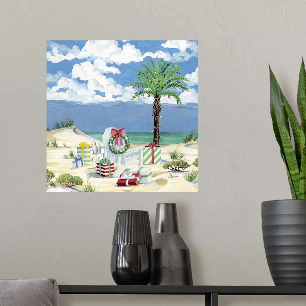 A modern room featuring Watercolor painting of Christmas presents on a tropical beach with a palm tree.