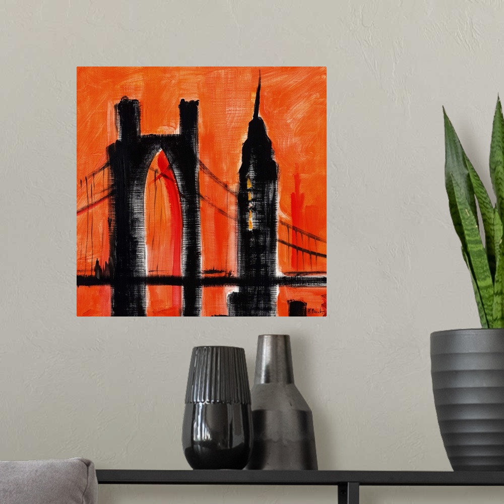 A modern room featuring Semi-abstract painting of silhouetted skyscrapers and bridge  against a brightly colored sky.