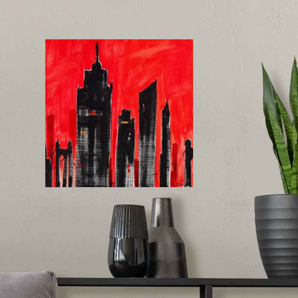 A modern room featuring Semi-abstract painting of silhouetted skyscrapers against a brightly colored sky.