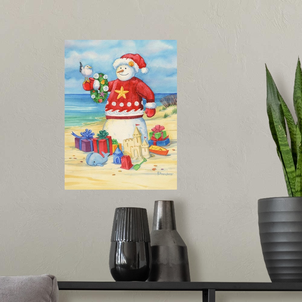 A modern room featuring A "snow" man on the beach surrounded by presents and wearing a festive sweater.
