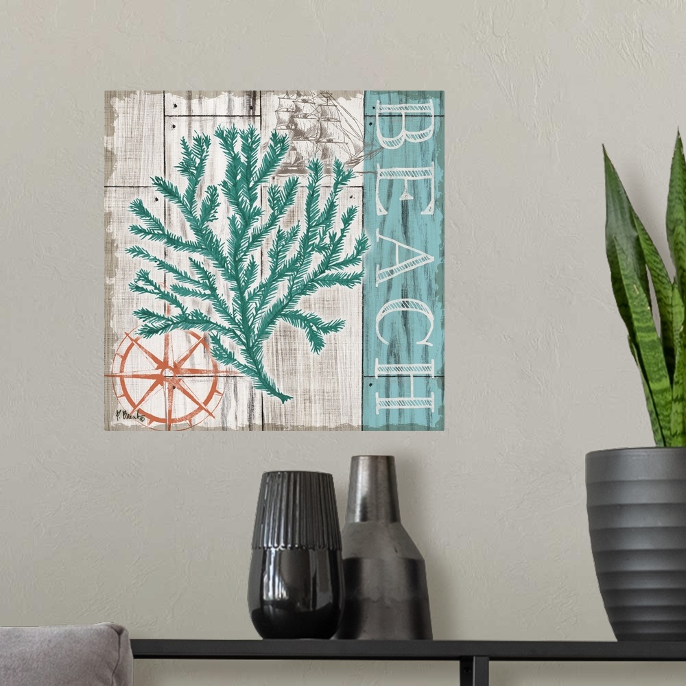 A modern room featuring Contemporary decorative artwork of a coral element and a compass rose on a textured wooden backgr...