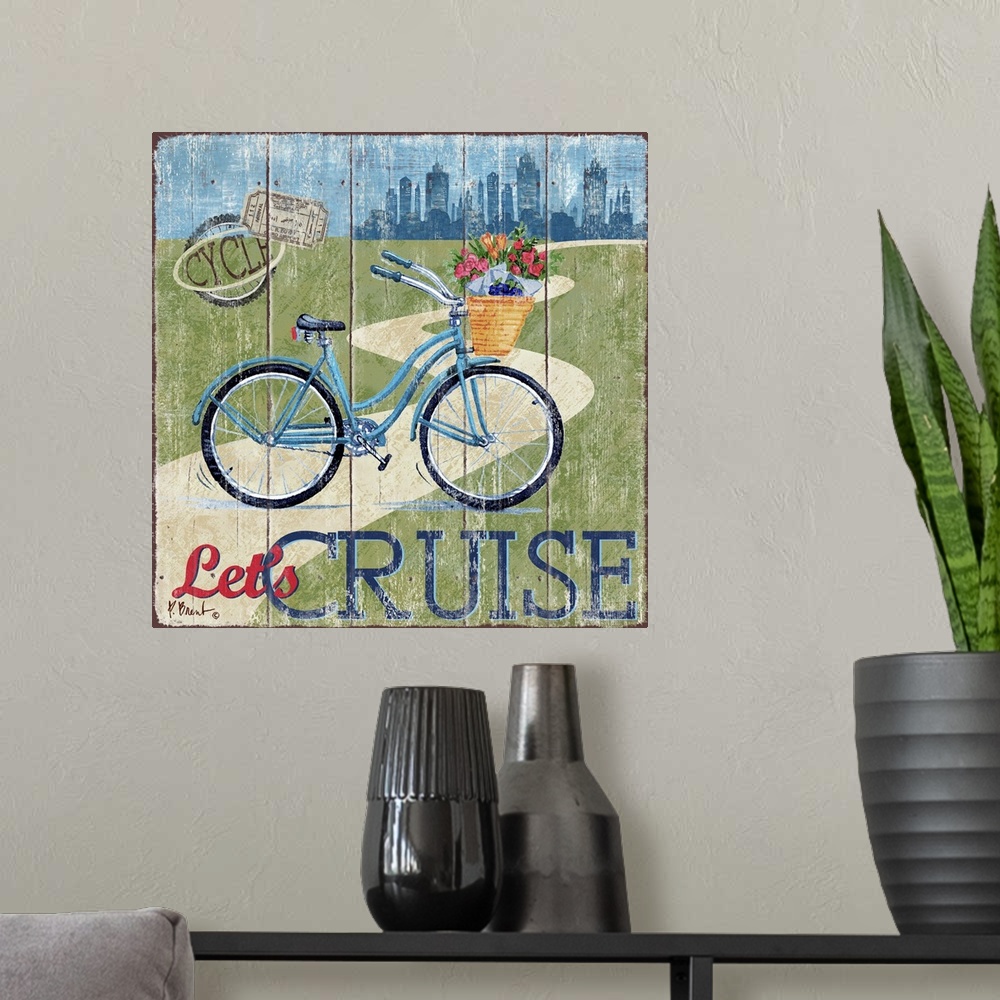 A modern room featuring Decorative art of a bicycle near a road with a city skyline in the distance on a textured panel b...