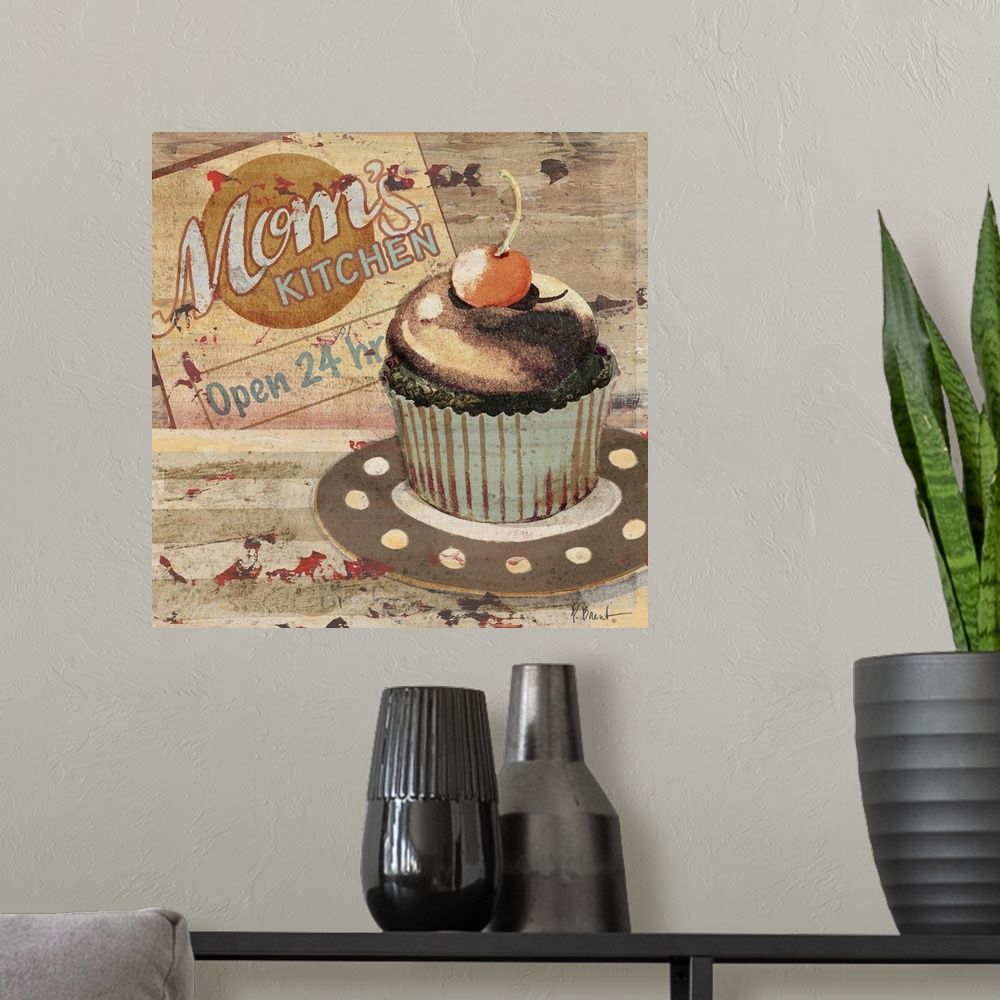 A modern room featuring Rustic sign for a bakery featuring a cupcake and the text Mom's Kitchen.