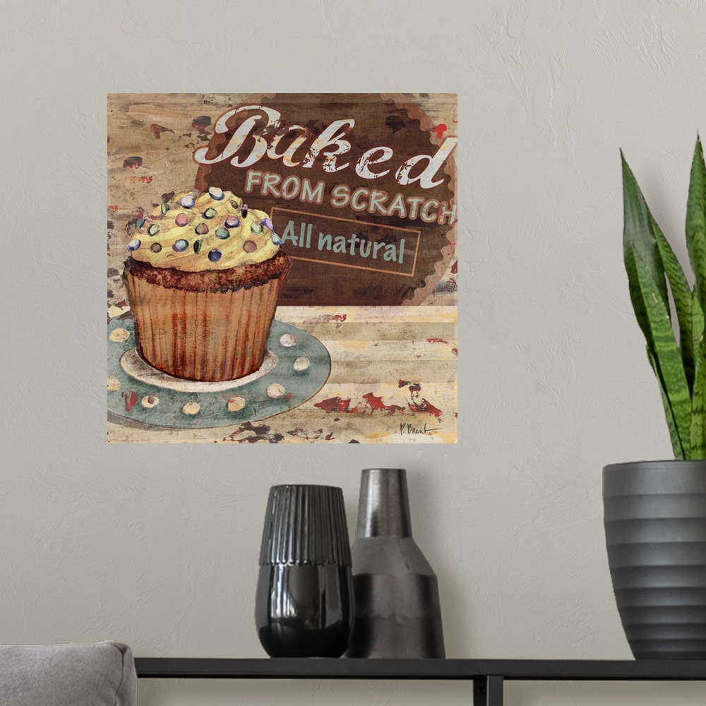 A modern room featuring Rustic sign for a bakery featuring a cupcake and the text Baked From Scratch.