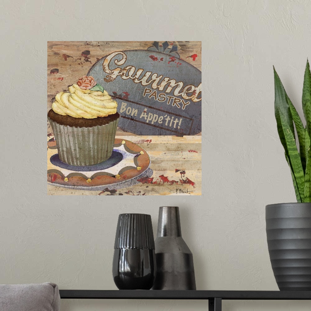 A modern room featuring Rustic sign for a bakery featuring a cupcake and the text Gourmet Pastry.