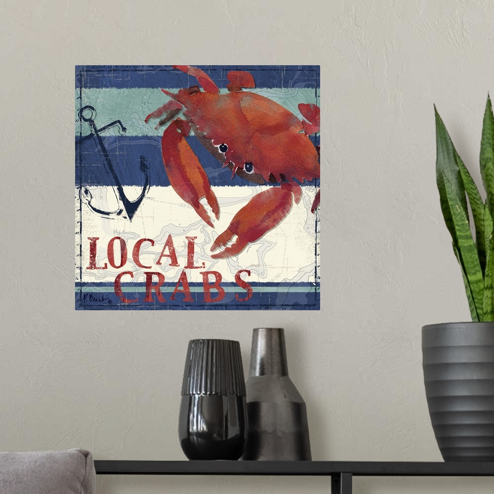 A modern room featuring Nautical panel featuring a painting of a crab with an anchor graphic element, and the text Local ...