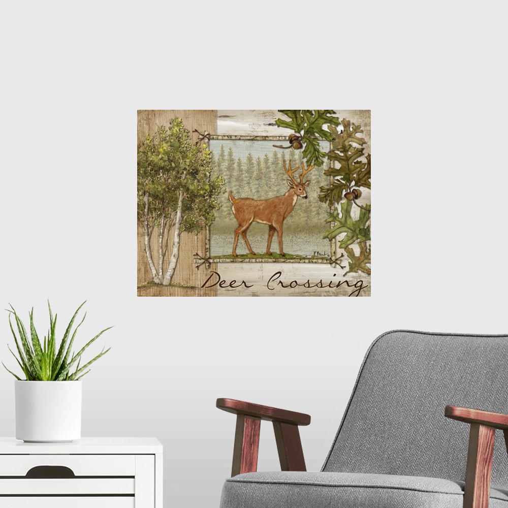 A modern room featuring Decorative artwork of a deer in a frame, with oak leaves, aspen trees, and the words Deer Crossing.