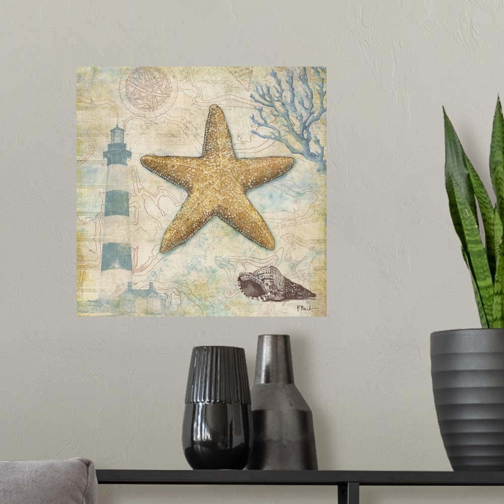 A modern room featuring Decorative panel made of different nautical elements including a starfish, a lighthouse, and coral.