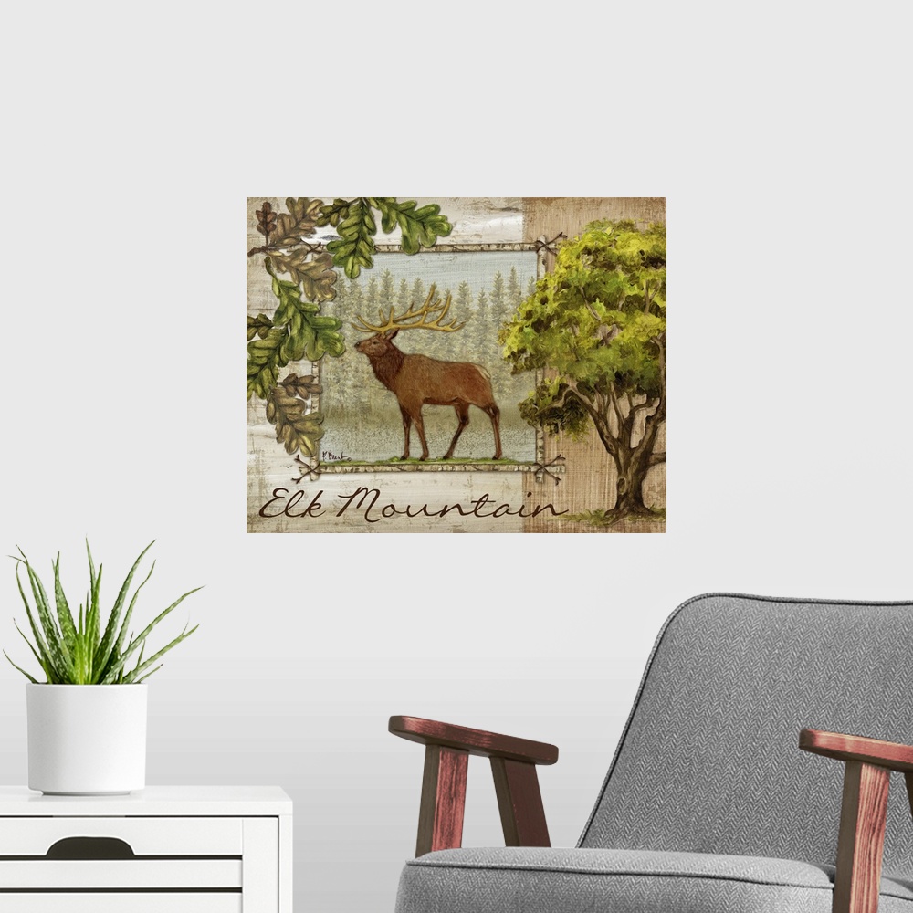 A modern room featuring Decorative artwork of an elk in a frame, with oak leaves, acorns, and the words Elk Mountain