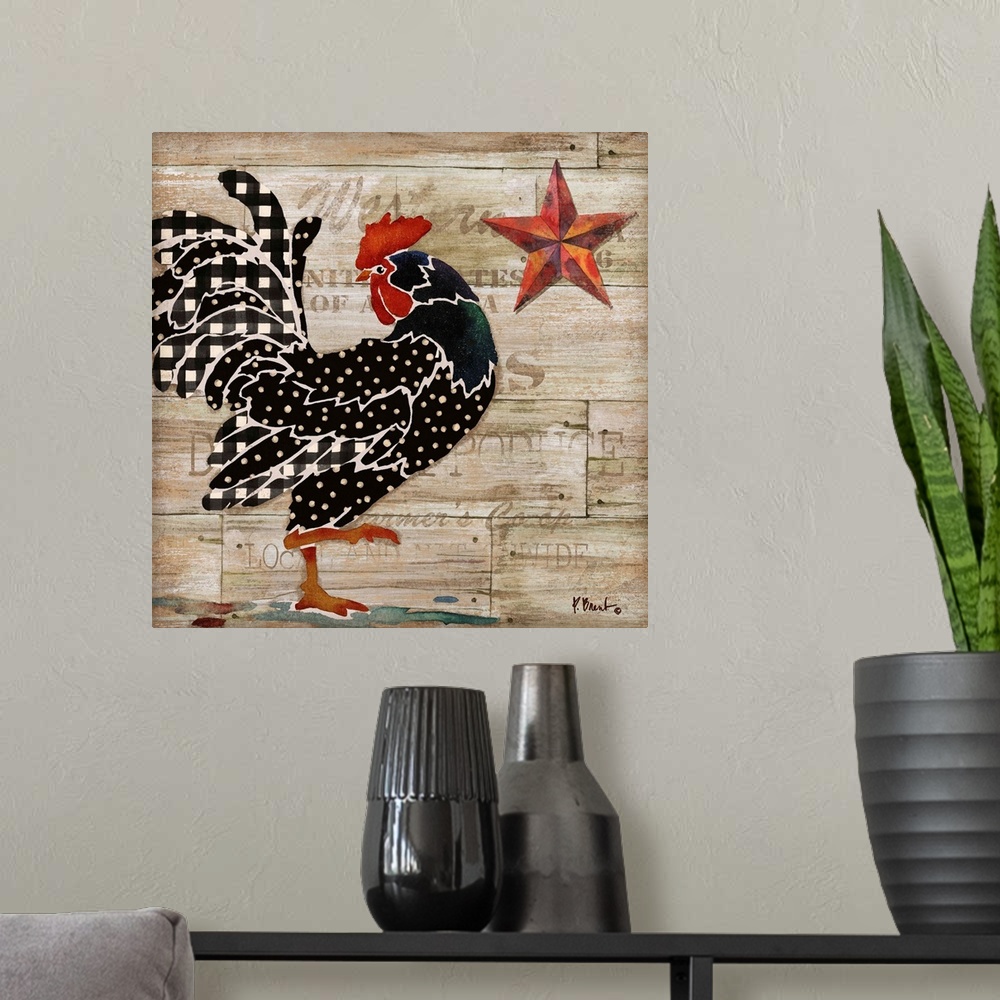 A modern room featuring Square kitchen decor with an illustration of a rooster on a wooden produce box background with wr...