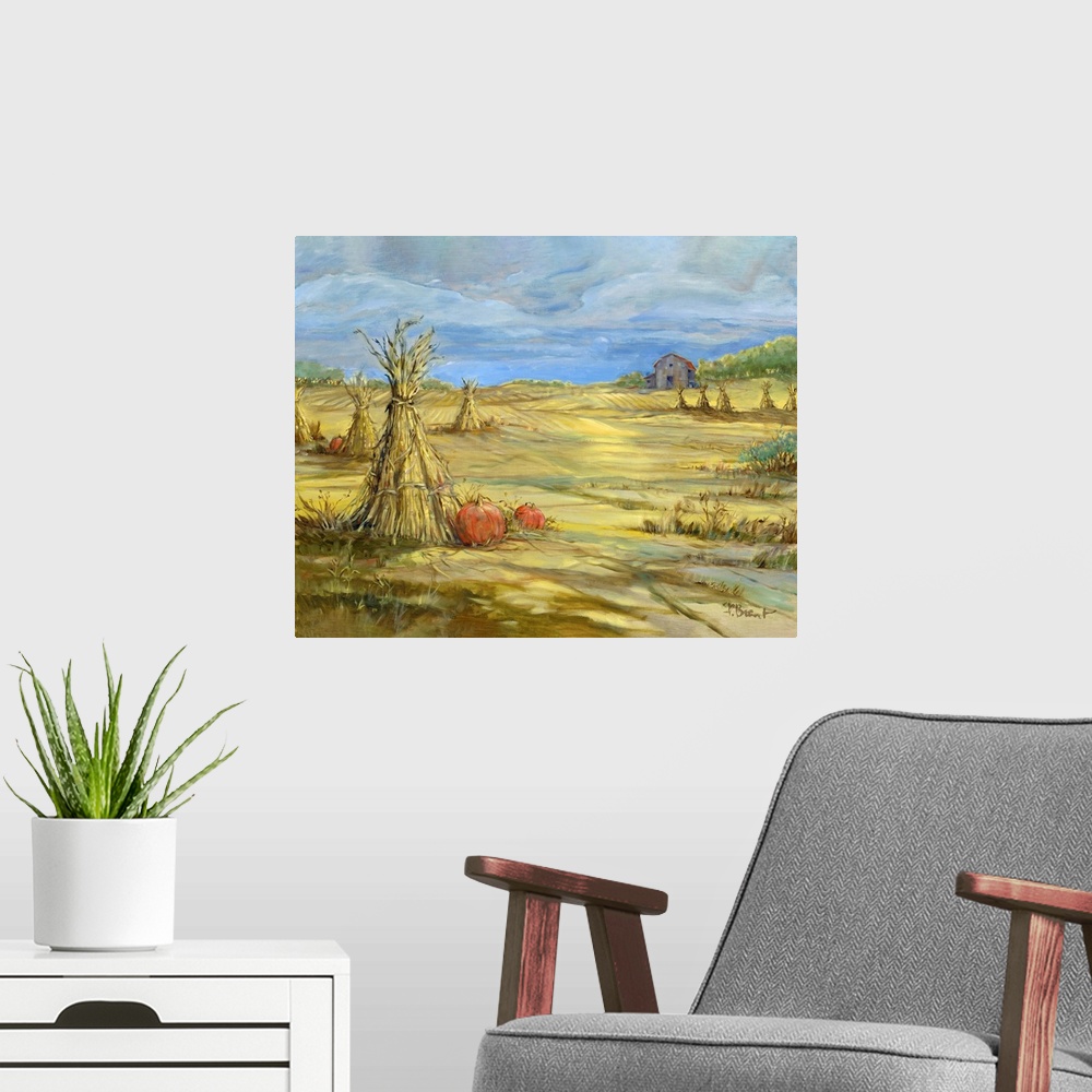 A modern room featuring Gleaning Autumn - Morning Landscape