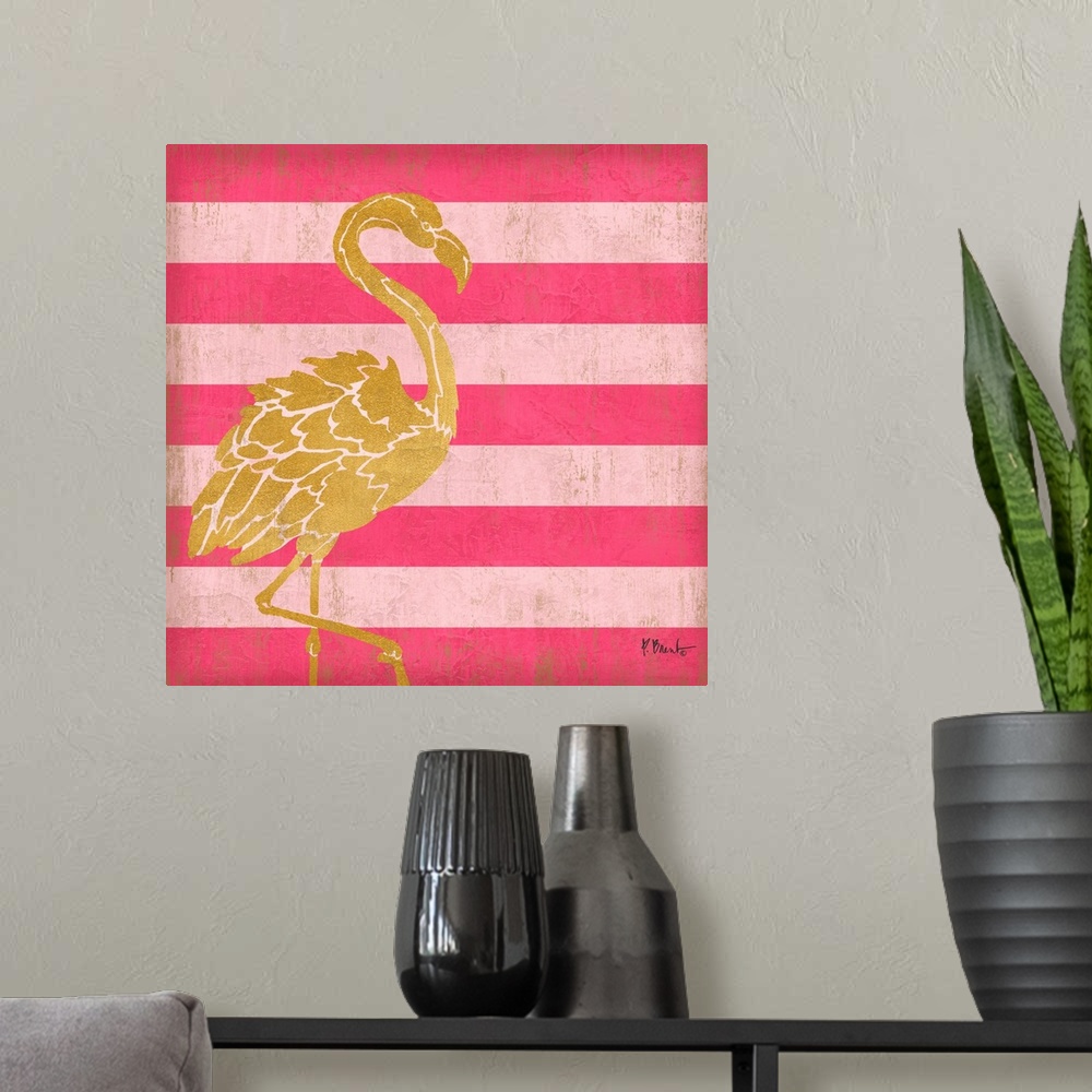 A modern room featuring Square decor with a metallic gold flamingo on a pink striped background.