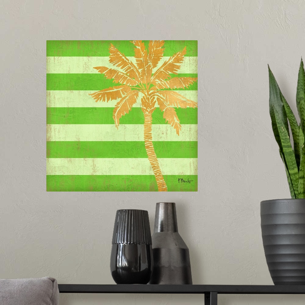 A modern room featuring Square decor with a metallic gold palm tree on a bright green striped background.
