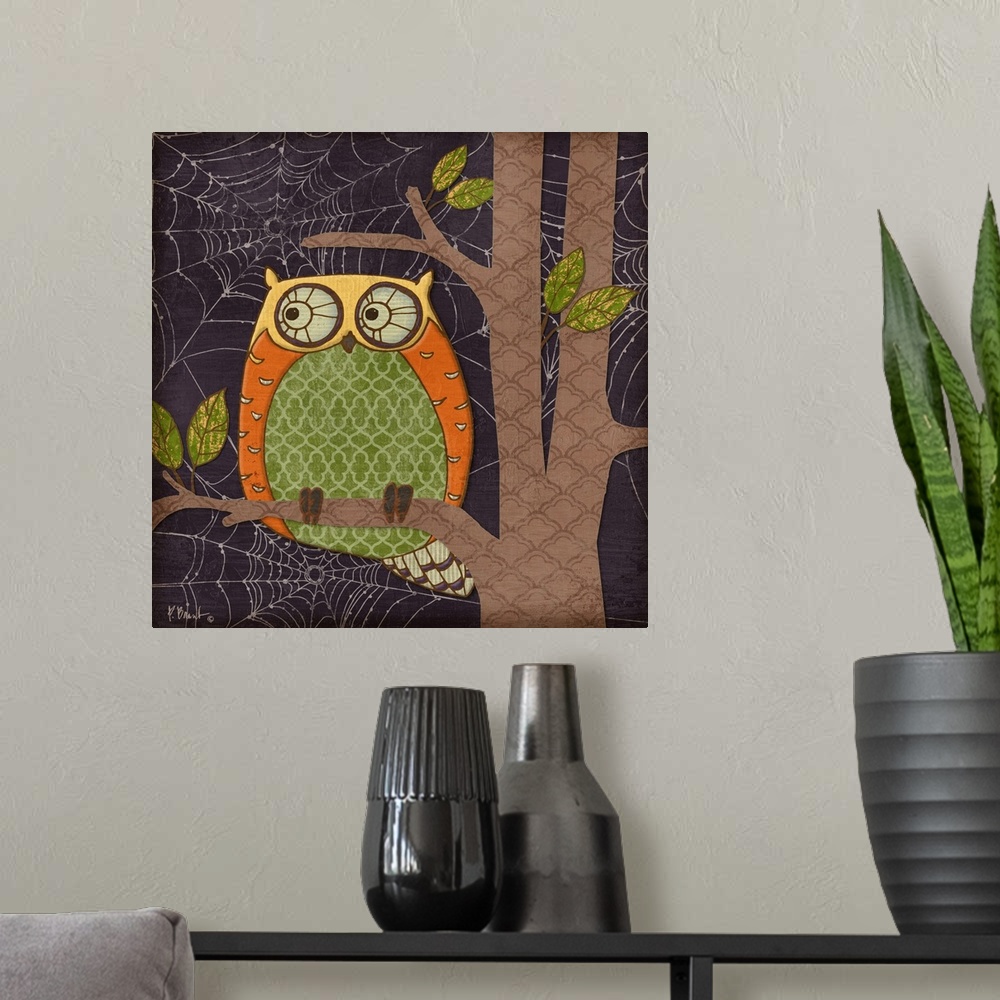A modern room featuring Halloween-themed illustration of a cute owl sitting in a tree, made of patterned shapes.