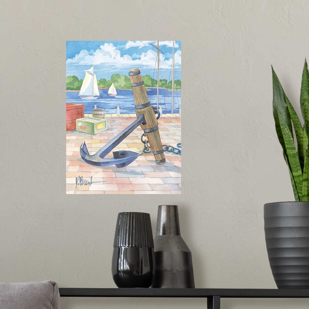 A modern room featuring Watercolor painting of a large iron anchor on a brick-paved pier, with two sailboats in the dista...