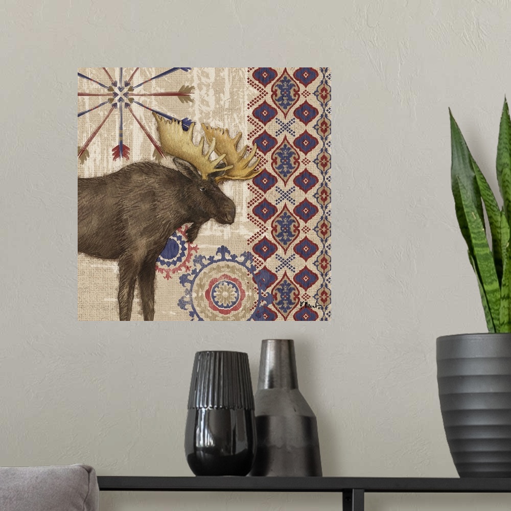 A modern room featuring Decorative artwork of a moose with folk patterns and arrows on a wood texture.