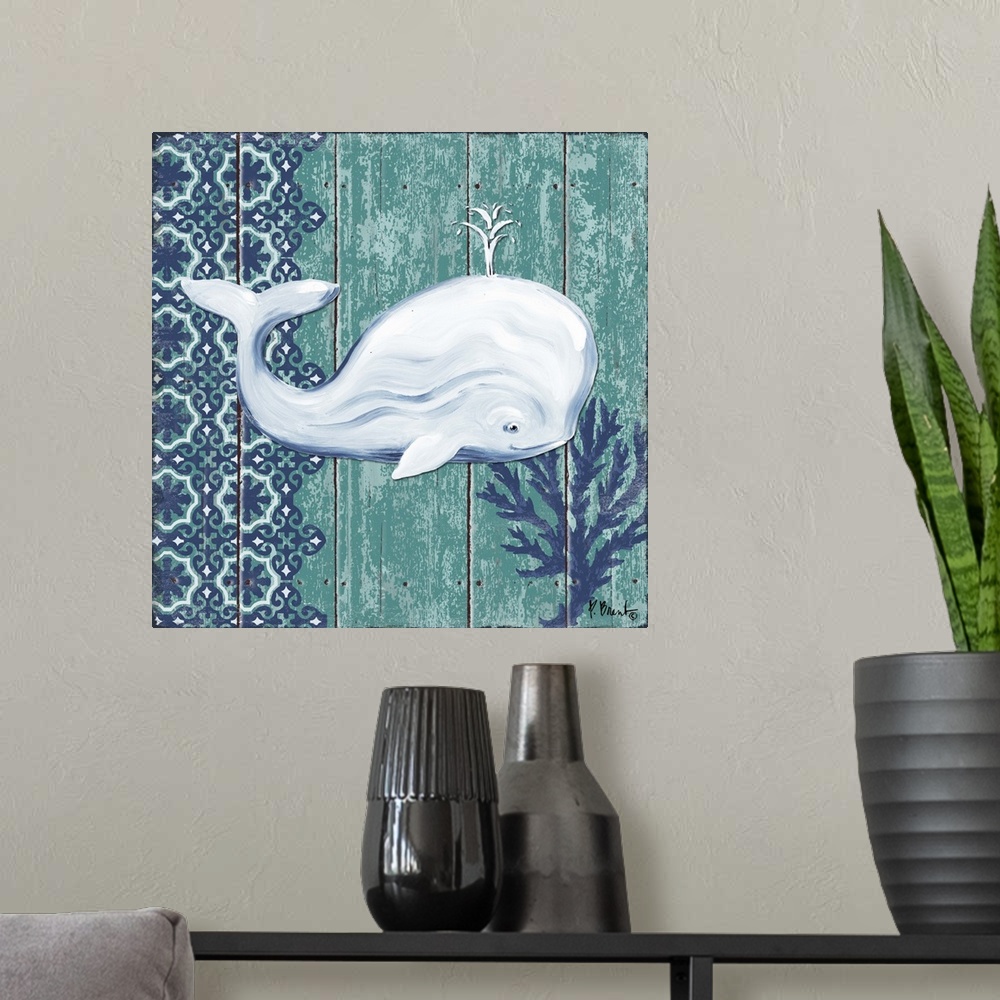 A modern room featuring Contemporary decorative artwork of a whale with a floral pattern on a textured panel background.