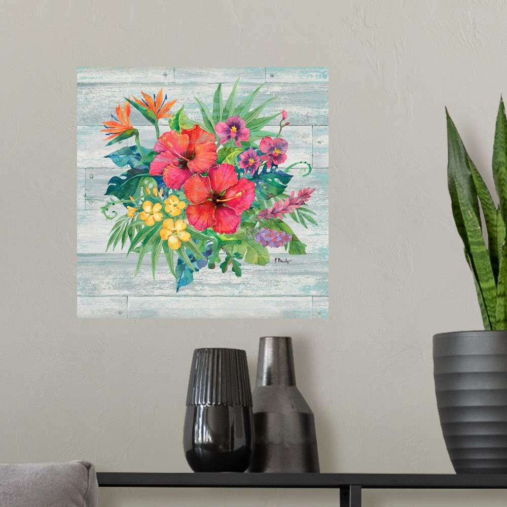 A modern room featuring Square decor with watercolor painted tropical flowers and leaves on a faux wood background.