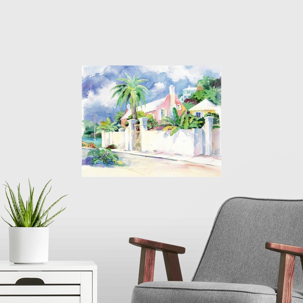 A modern room featuring Contemporary painting of a house on an island with stone walls and palm trees.
