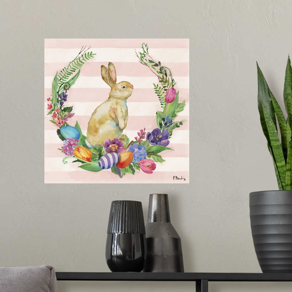 A modern room featuring Spring decor with a watercolor painted bunny in the center of a floral and leafy wreath with East...