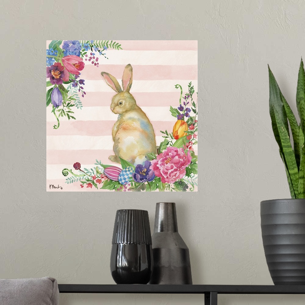 A modern room featuring Spring decor with a watercolor painted bunny surrounded by Spring flowers and Easter eggs on a li...